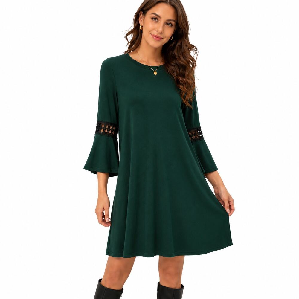Meaneor - Dark Green Bell Sleeve Shift Dress Lace Trim - Sz S - NWT